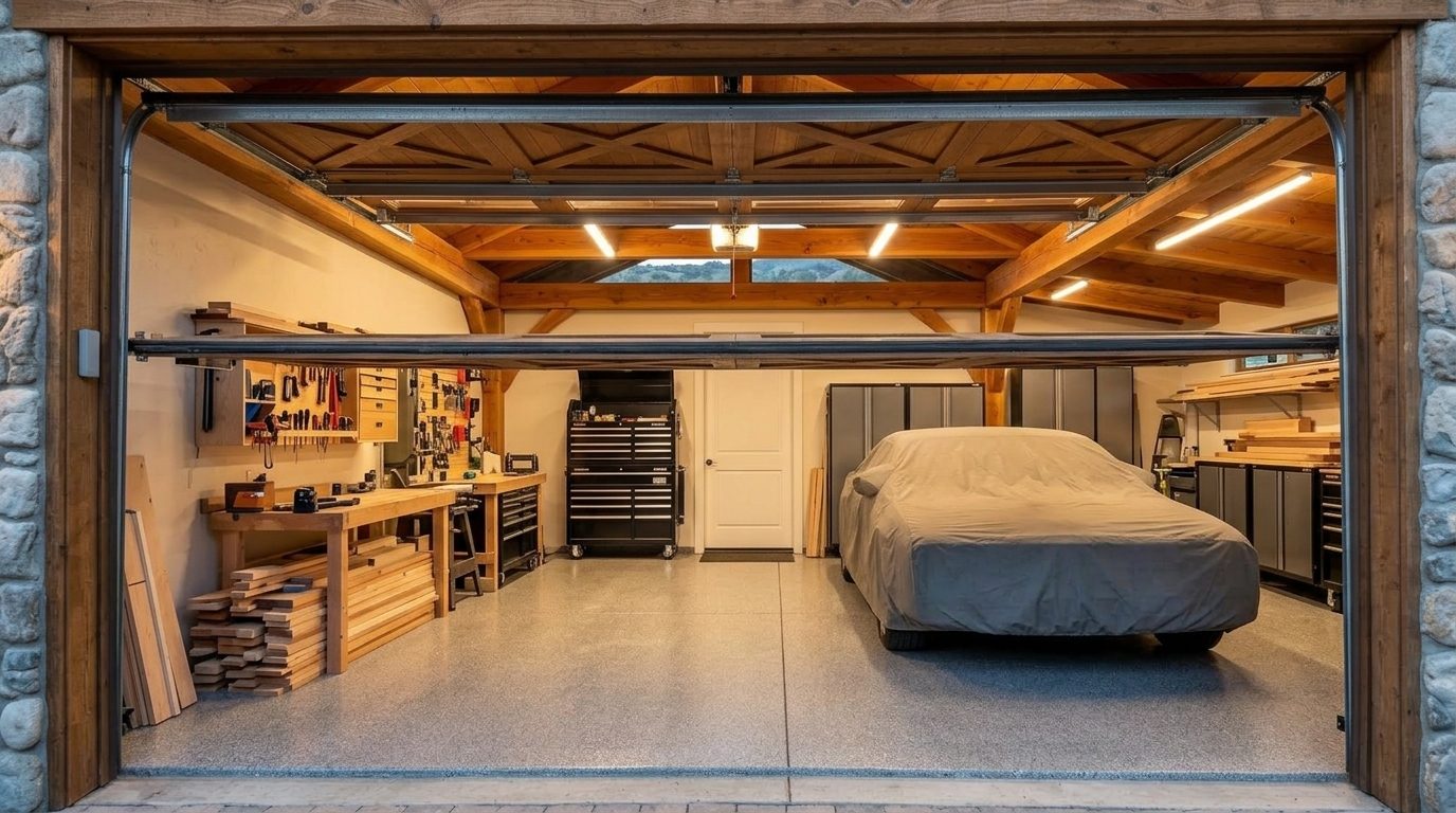 Rachael Fletcher Garage Door Services Interior View of Custom Garage Door Overhead and Workshop